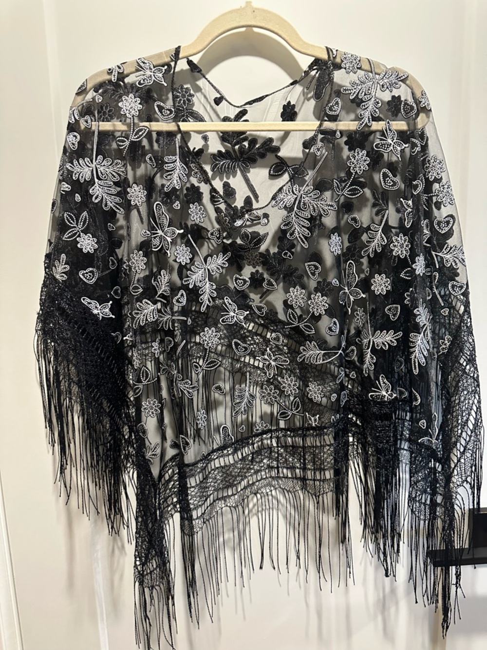 Black Sheer Embroidered Fringe Blouse